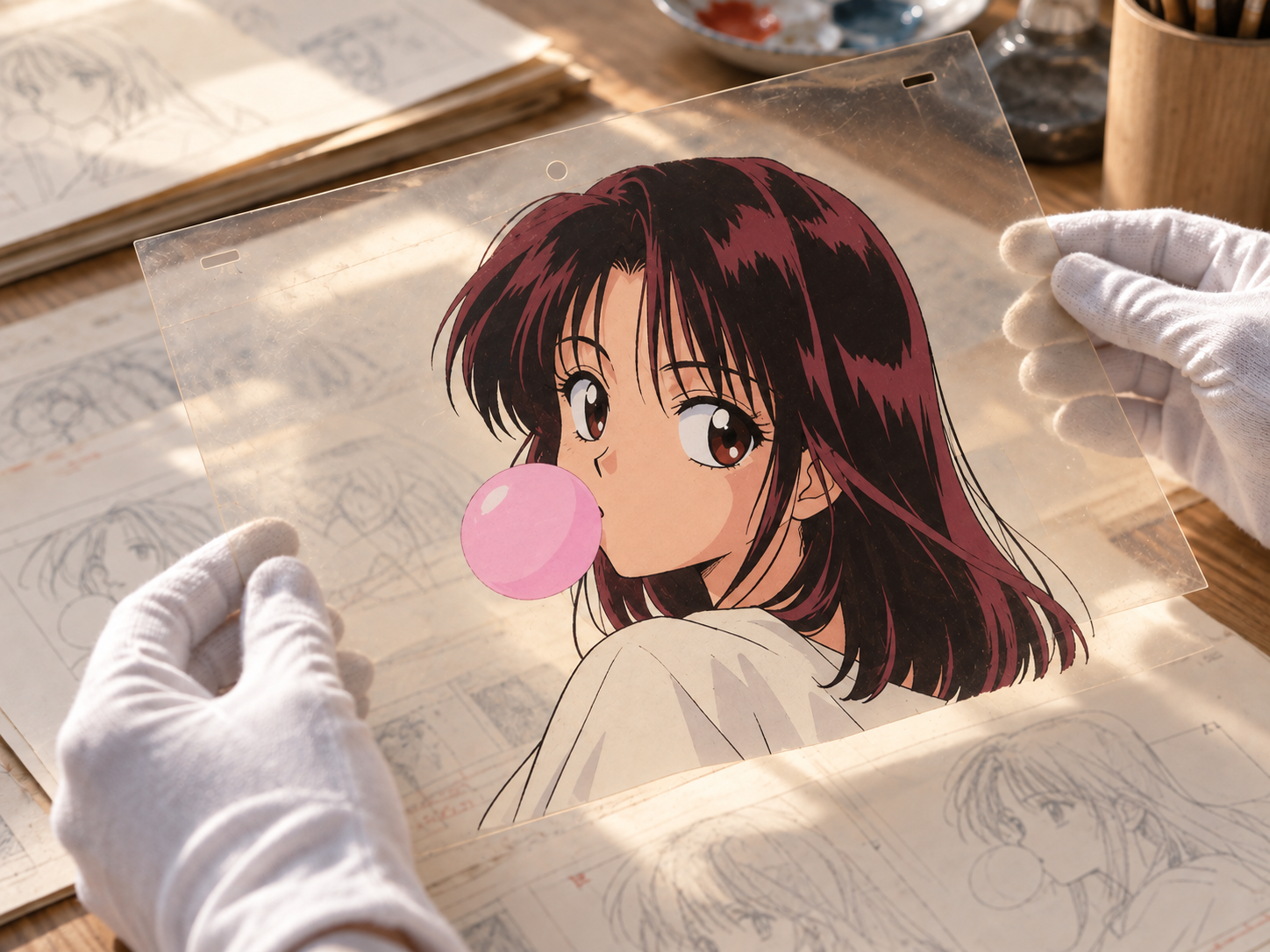 白手袋でアニメーションのセル画を扱う様子のイメージ